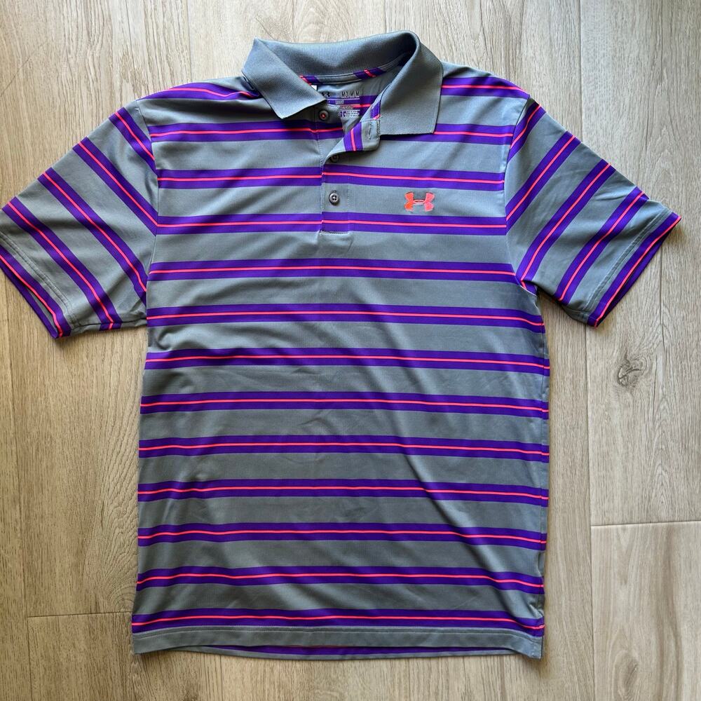 Under Armour Heatgear Performance Golf Polo Gray Purple Mens Medium Lightweight